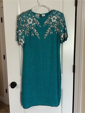 Vintage Stenay Teal Blue Beaded Open Back Midi Dress 100% Silk Size 14
